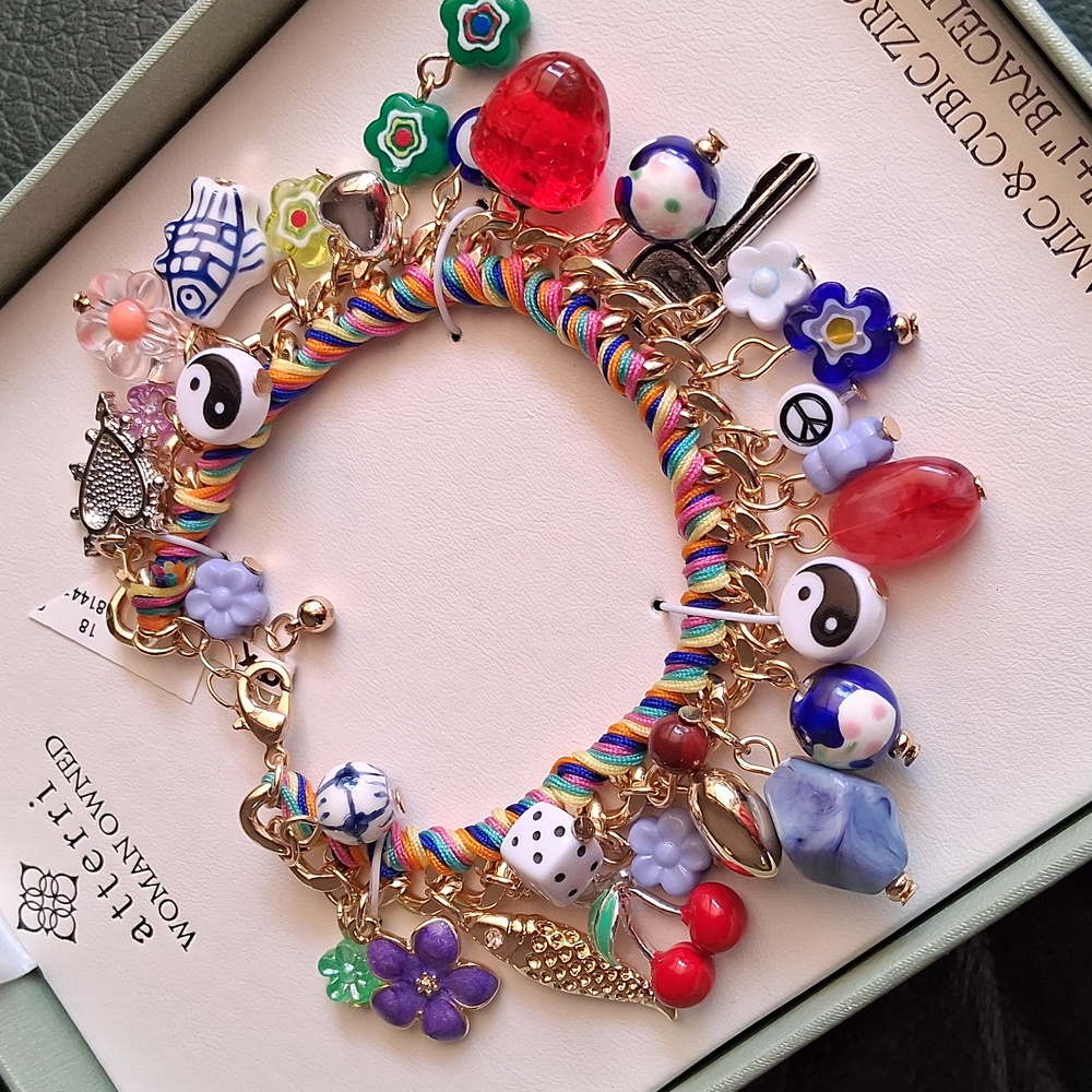 Multicolor Ceramic & Cubic Zirconia Charm Bracelet. NIB. Absolutely Gorgeous!!💜 - Picture 9 of 13